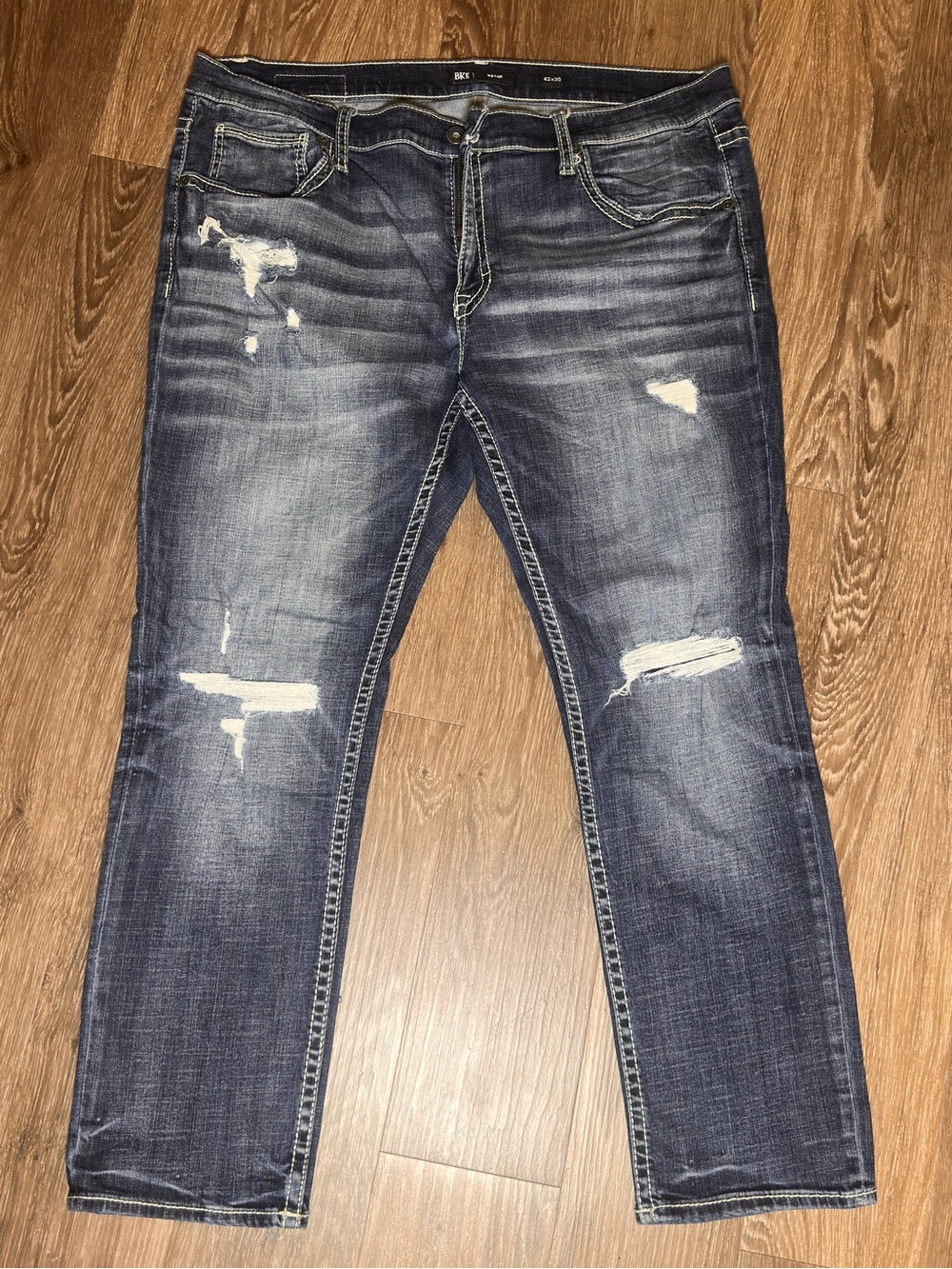 BKE Men's Slim Straight Distressed Jeans - Dark Blue with Fading / 42 x 30